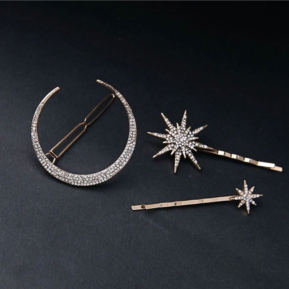 🖤 LAST ONE! 🖤 CRESCENT MOON & STARS GODDESS HAIR PIN BOBBY PIN BLING TRIO NWT - Picture 1 of 7